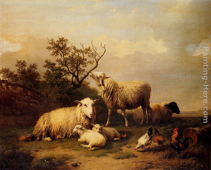 Sheep With Resting Lambs And Poultry In A Landscape painting - Eugene Verboeckhoven Sheep With Resting Lambs And Poultry In A Landscape art painting